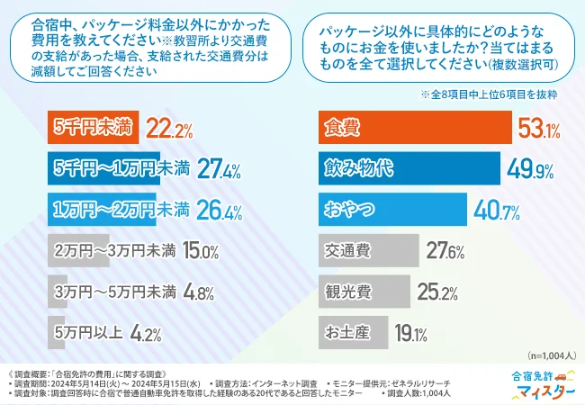 合宿中、パッケージ料金以外にかかった費用を教えてください・パッケージ以外に具体的にどのようなものにお金を使いましたか?